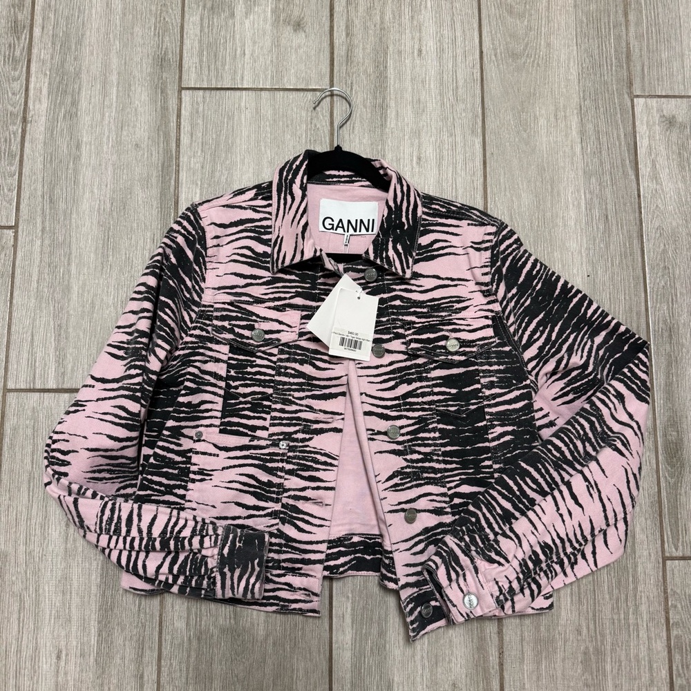 NEW Ganni Tiger Striped Pink Denim Jacket